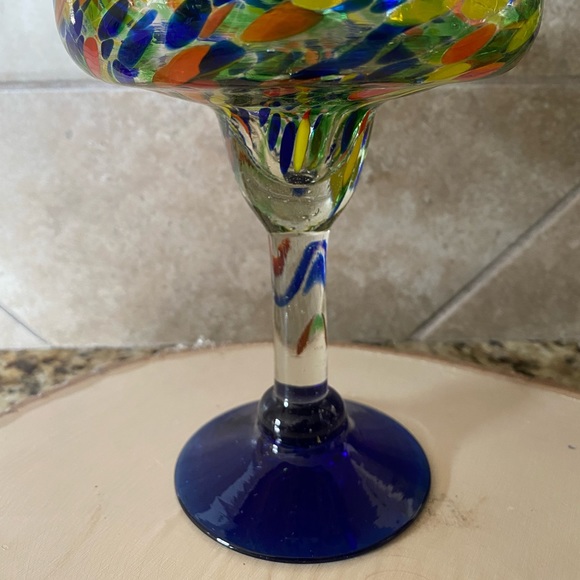 Mexico Mouth Blown Confetti Cobalt Blue Stem Base Margarita Glass Thick Heavy - Picture 4 of 14
